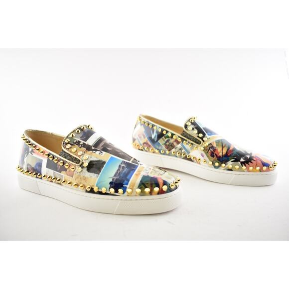 Christian Louboutin Pik Boat Patent Collage Black Gold Spike Flat Sneakers 41 - Picture 4 of 12